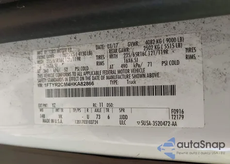 2017 Ford Transit-250 z USA, uszkodzony, nr VIN 1FTYR2CM4HKA82866